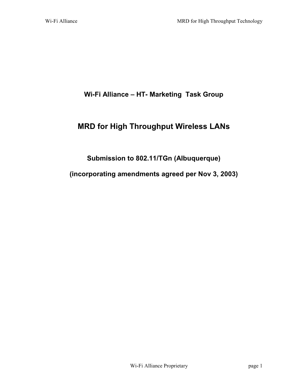 Wi-Fi Alliance MRD for High Throughput Technology