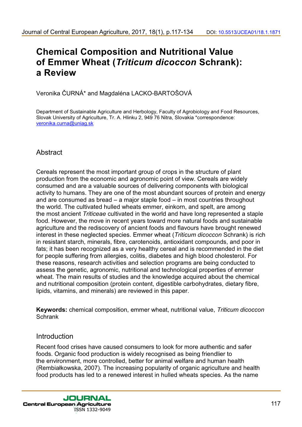 Chemical Composition and Nutritional Value of Emmer Wheat (Triticum Dicoccon Schrank): a Review