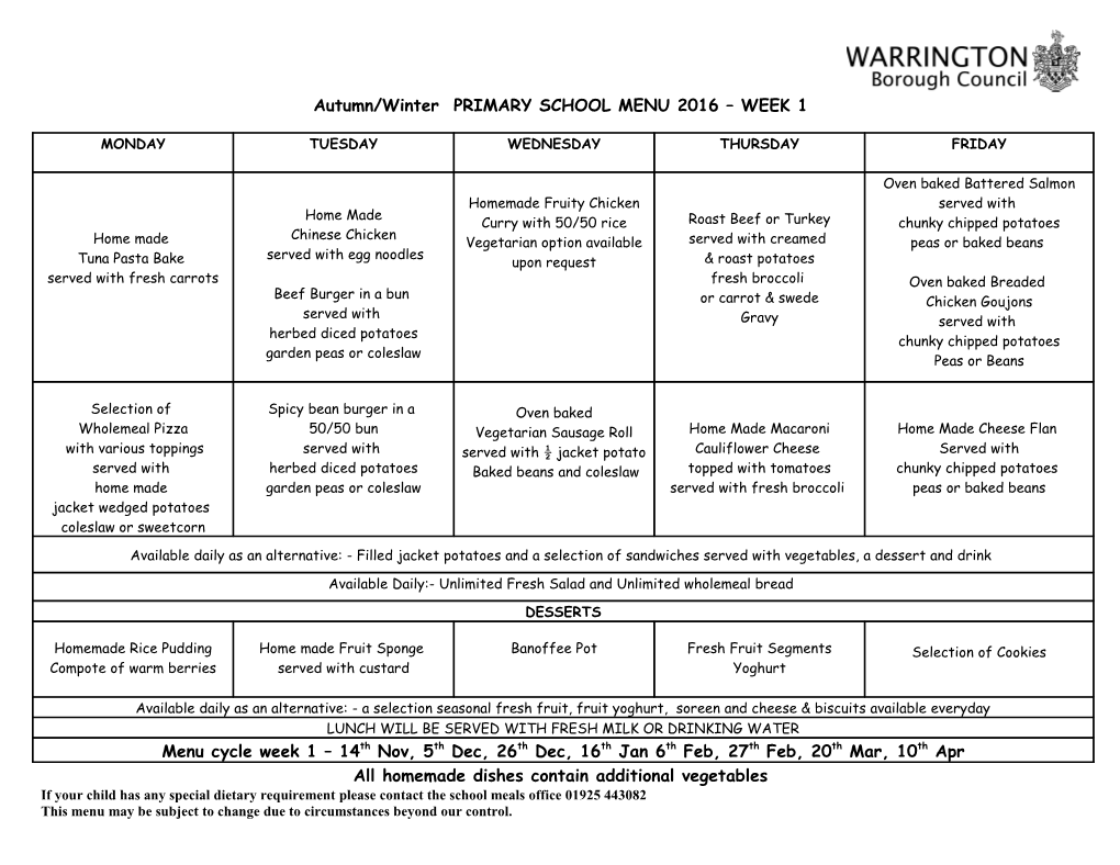 Summer 2006 Menu 1 Week Commencing