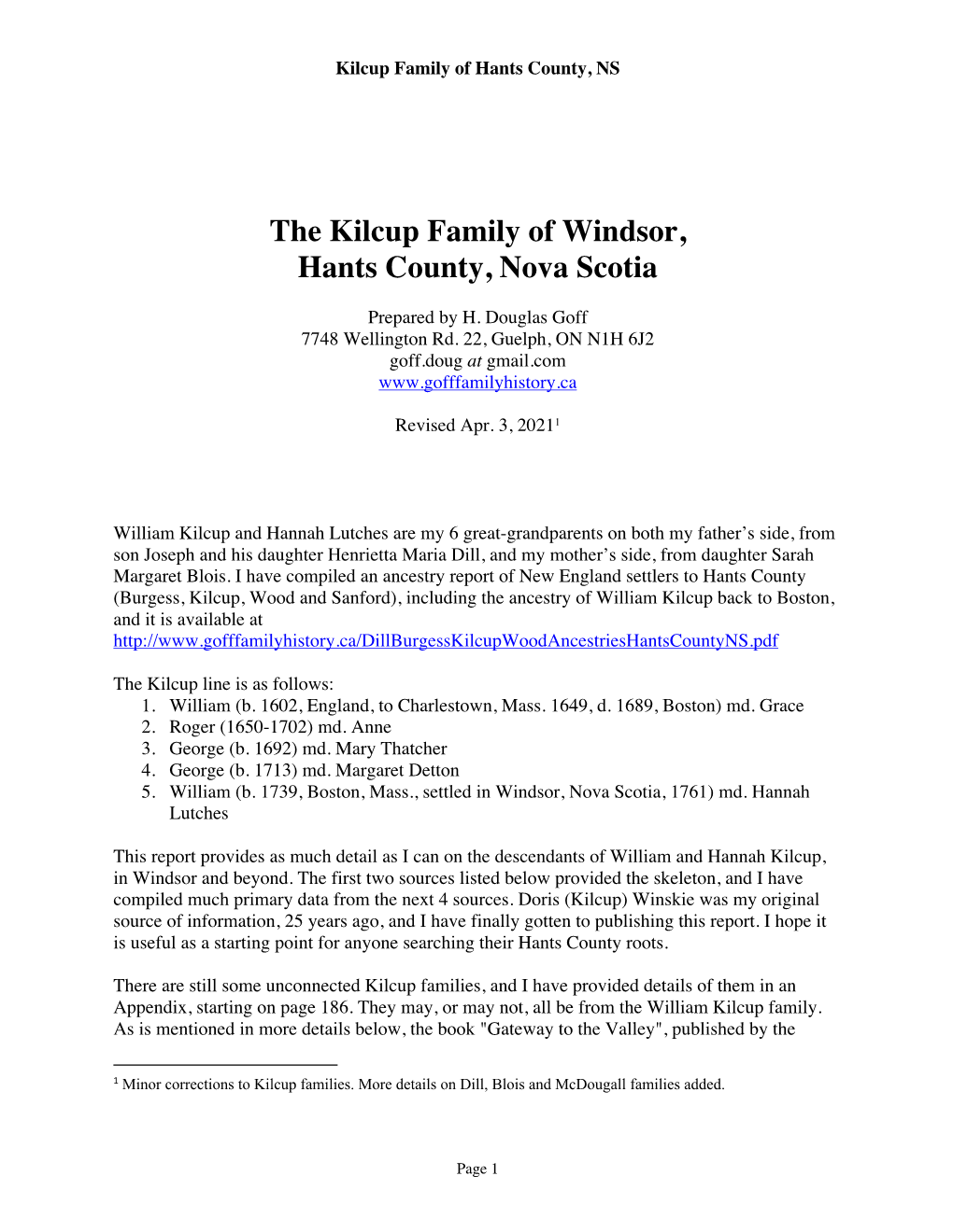 The Kilcup Family of Windsor, Hants County, Nova Scotia