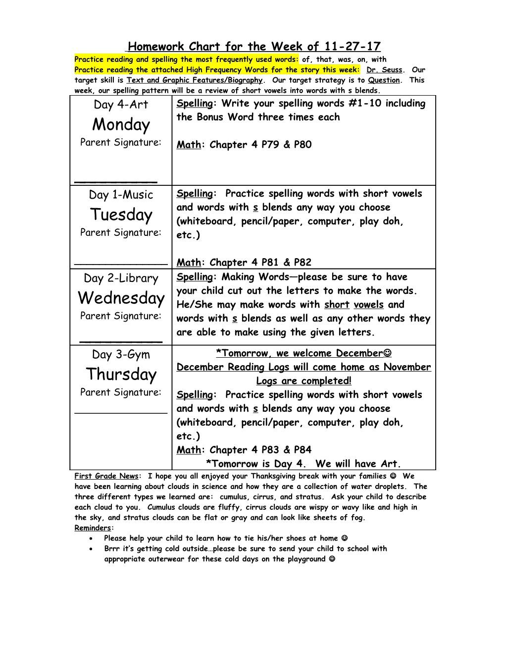 Homework Chart for the Week of 11-27-17