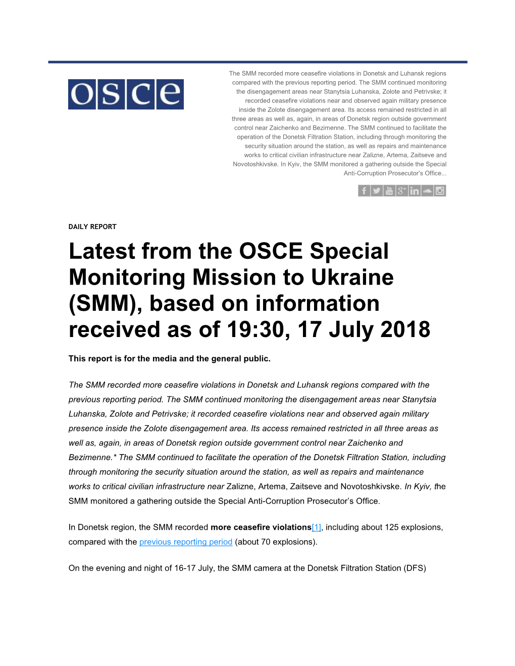 Latest from the OSCE Special Monitoring Mission to Ukraine (SMM), Based on Information Received As of 19:30, 17 July 2018