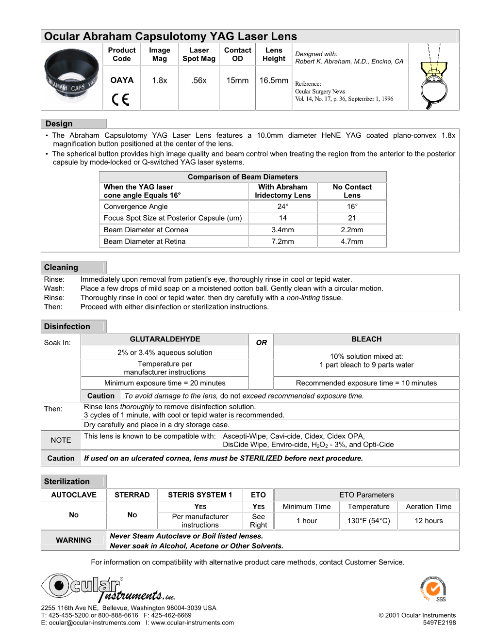 Ocular Abraham Capsulotomy YAG Laser Lens Product Image Laser Contact Lens Designed With: Code Mag Spot Mag OD Height Robert K