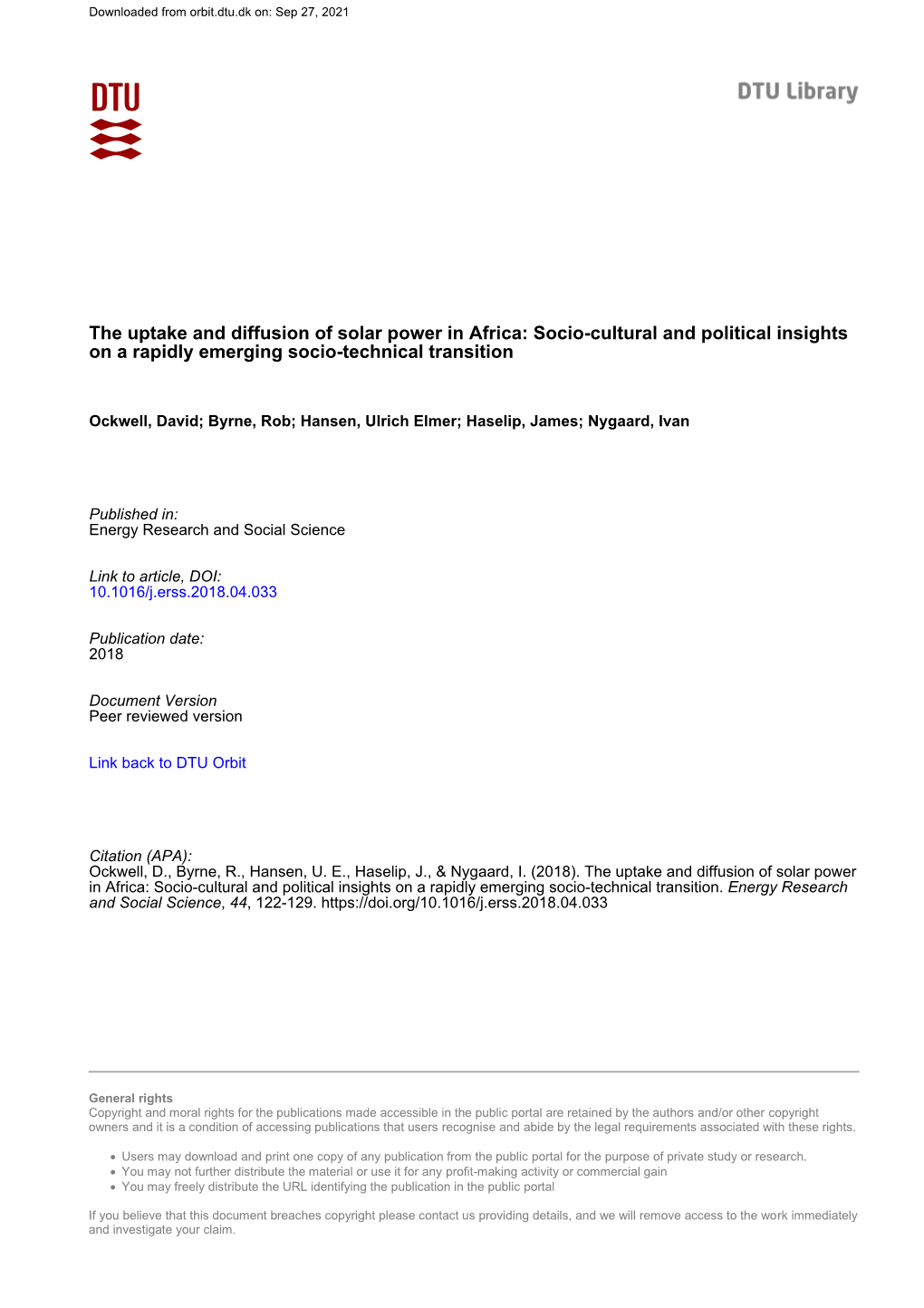 The Uptake and Diffusion of Solar Power in Africa: Socio-Cultural and Political Insights on a Rapidly Emerging Socio-Technical Transition