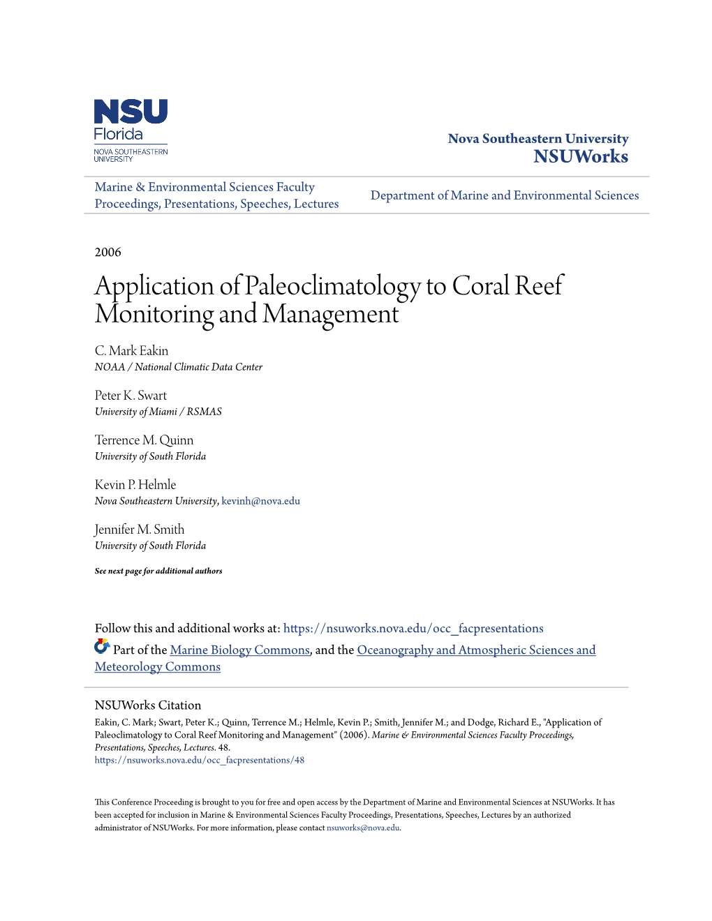 Application of Paleoclimatology to Coral Reef Monitoring and Management C