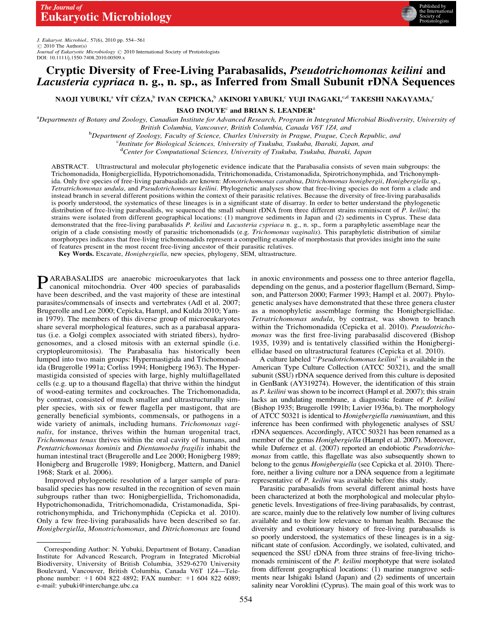 Cryptic Diversity of Freeliving Parabasalids, Pseudotrichomonas