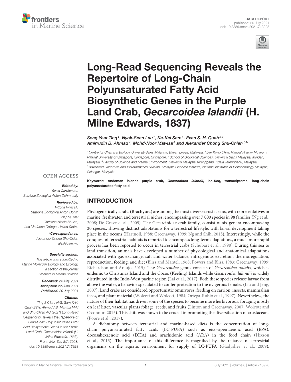 Long-Read Sequencing Reveals the Repertoire of Long-Chain Polyunsaturated Fatty Acid Biosynthetic Genes in the Purple Land Crab, Gecarcoidea Lalandii (H