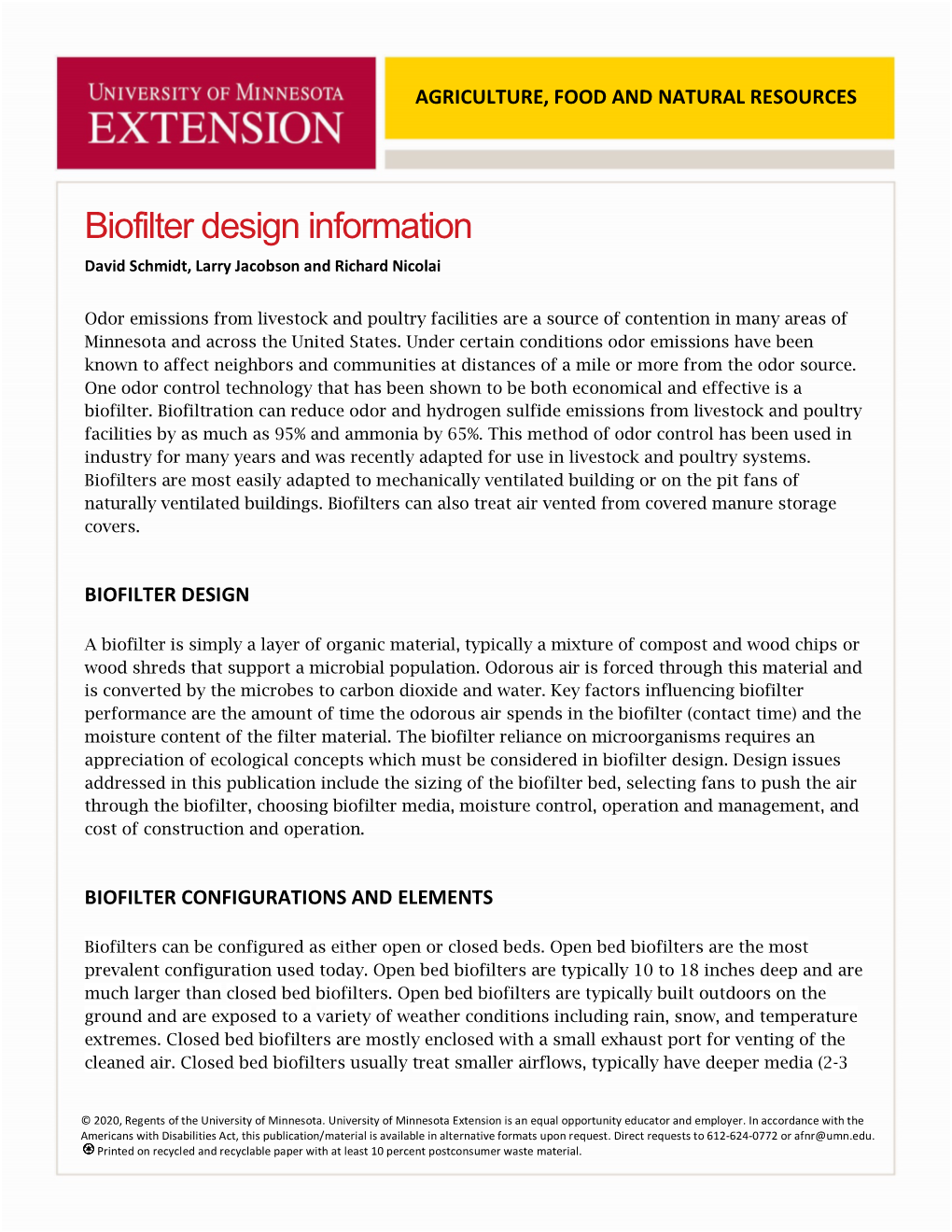 Biofilter Design Information David Schmidt, Larry Jacobson and Richard Nicolai