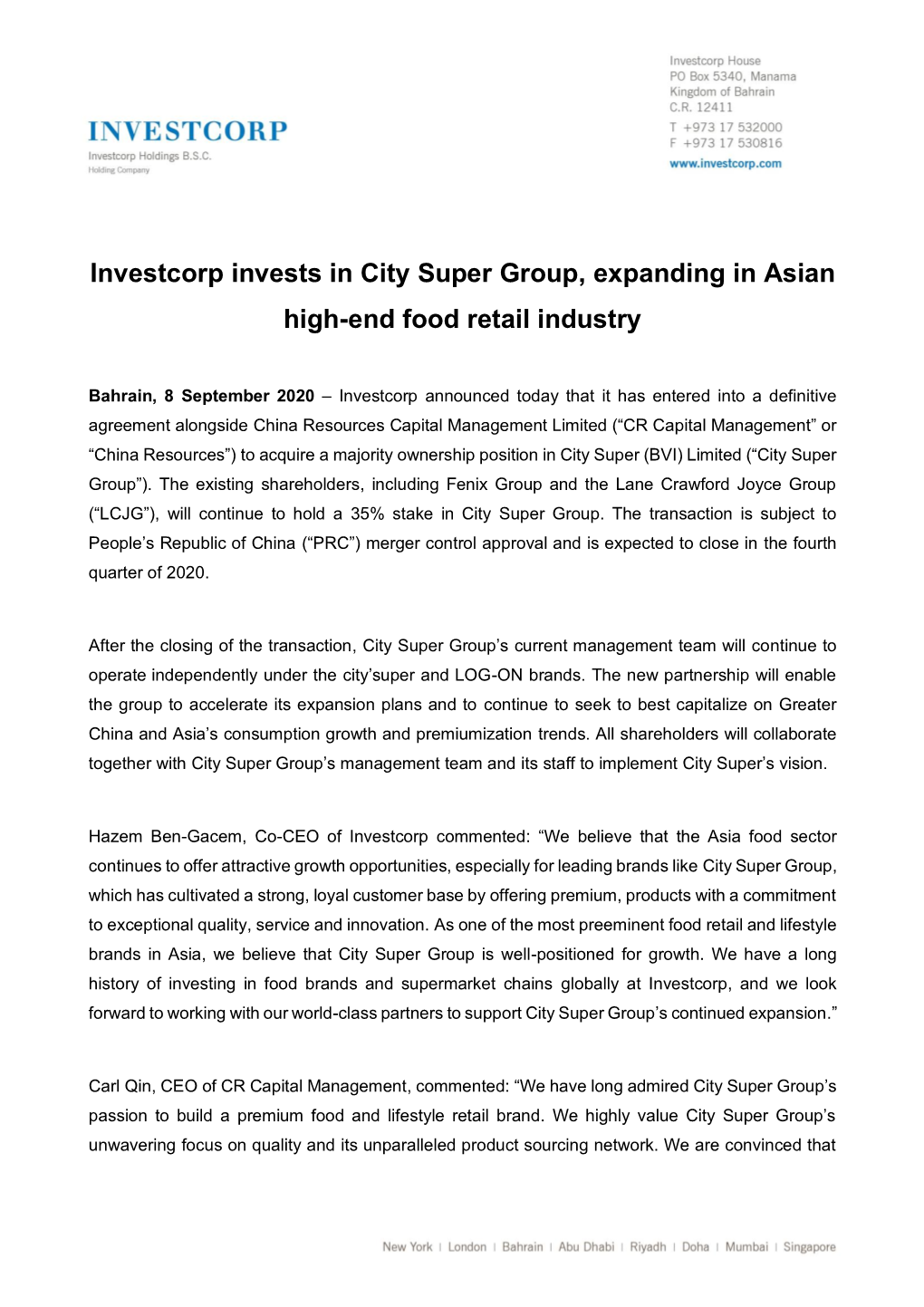 Investcorp Invests in City Super Group, Expanding in Asian High-End Food Retail Industry