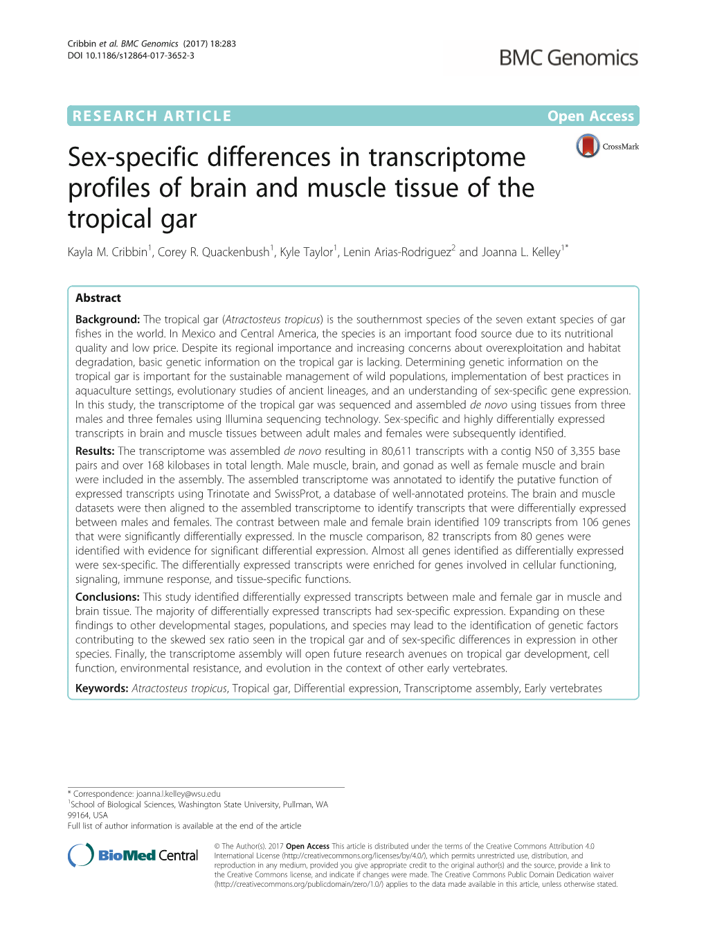 Sex-Specific Differences in Transcriptome Profiles of Brain and Muscle Tissue of the Tropical Gar Kayla M