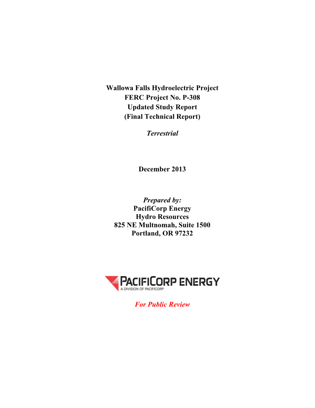 Wallowa Falls Hydroelectric Project FERC Project No. P-308 Updated Study Report (Final Technical Report)