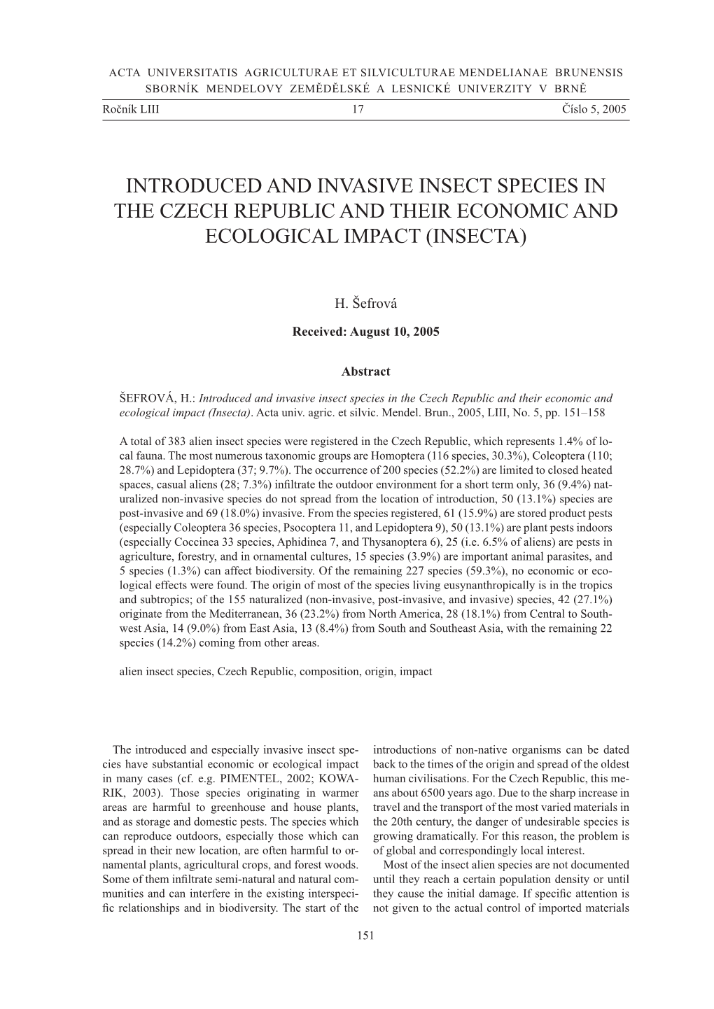 Introduced and Invasive Insect Species in the Czech Republic and Their Economic and Ecological Impact (Insecta)