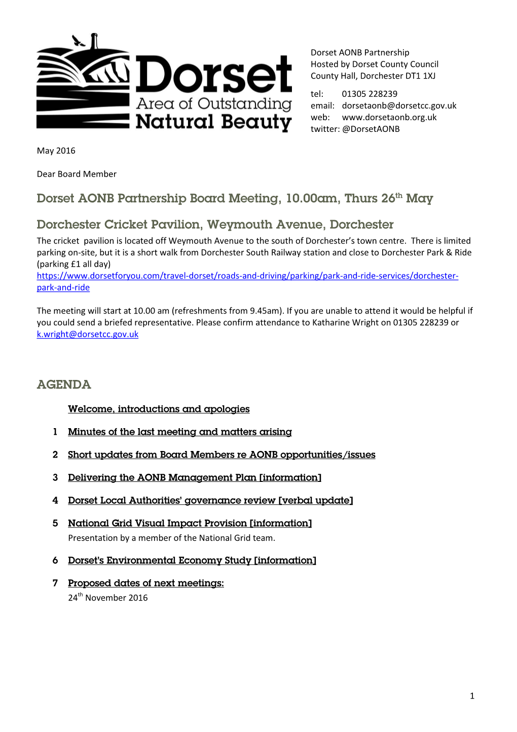 Dorset AONB Partnership Board Meeting, 10.00Am, Thurs 26Th May