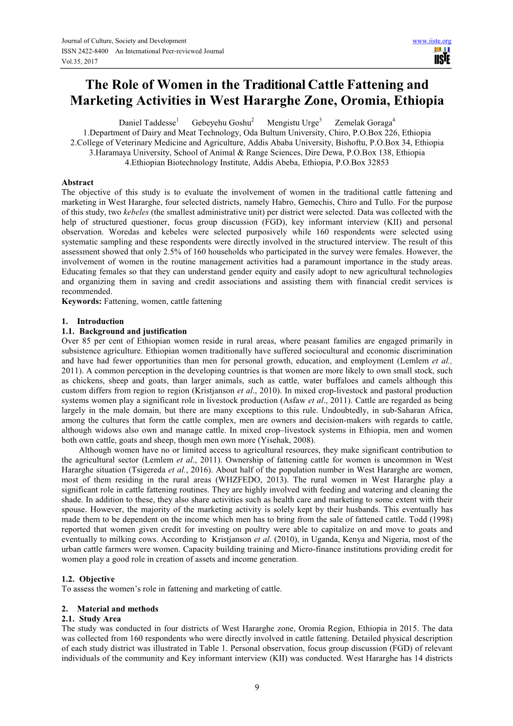 The Role of Women in the Traditional Cattle Fattening and Marketing Activities in West Hararghe Zone, Oromia, Ethiopia