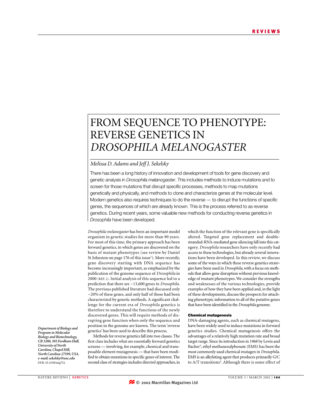 From Sequence to Phenotype: Reverse Genetics in Drosophila Melanogaster