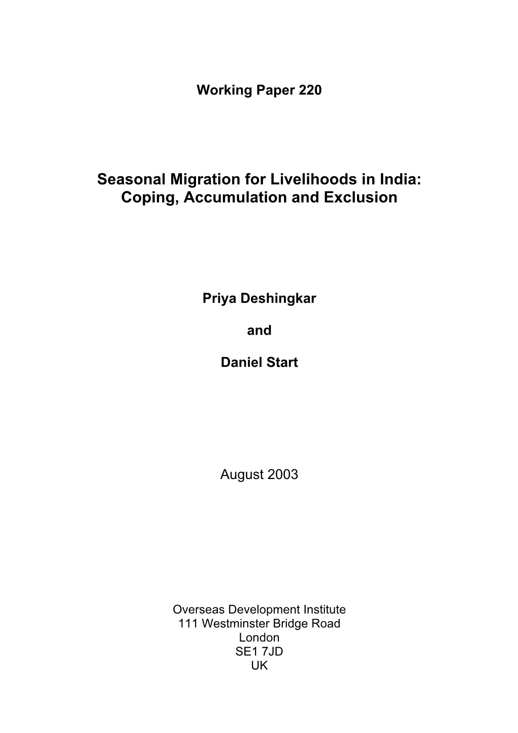 Seasonal Migration for Livelihoods in India: Coping, Accumulation and Exclusion