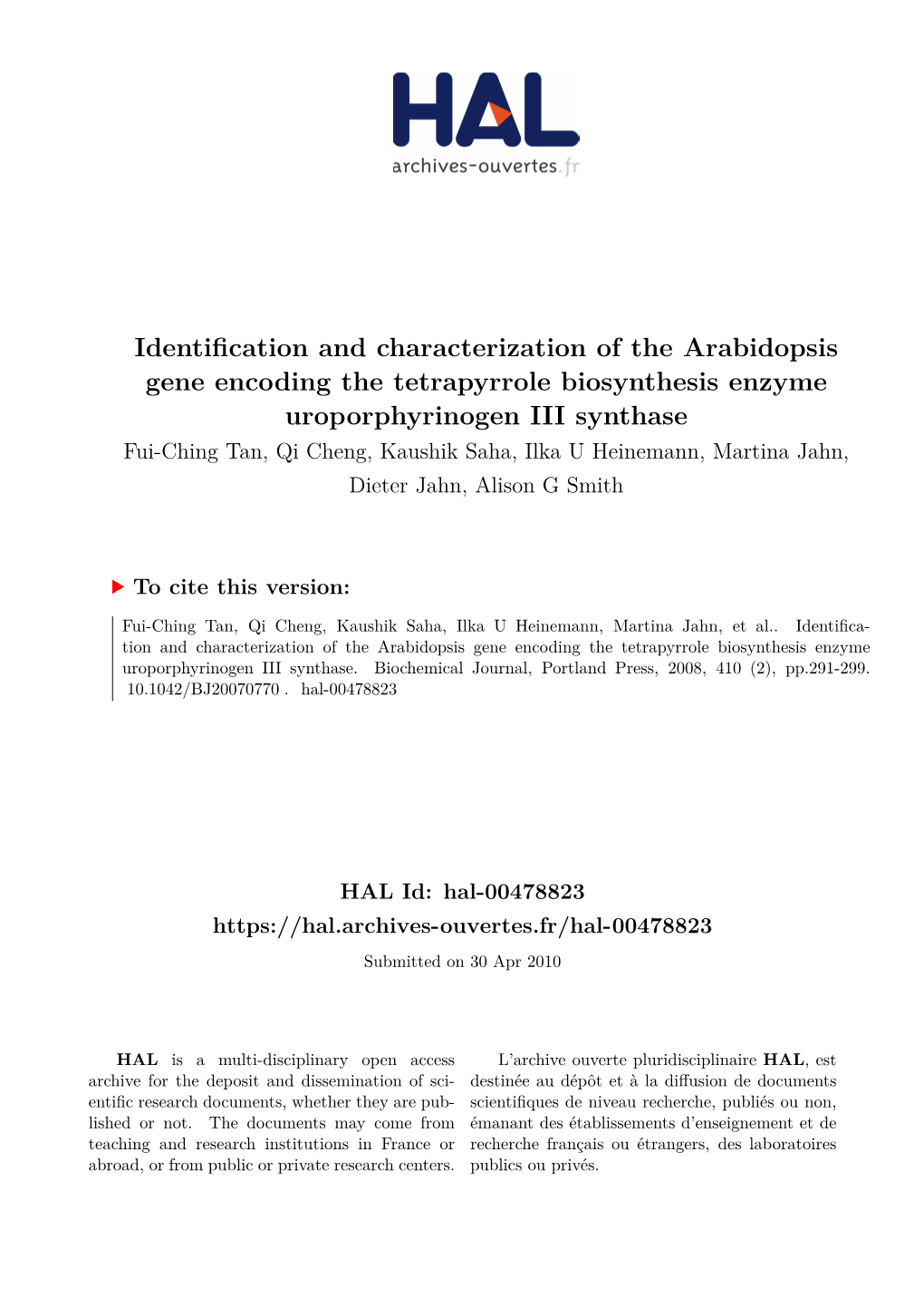 Identification and Characterization of the Arabidopsis Gene Encoding The