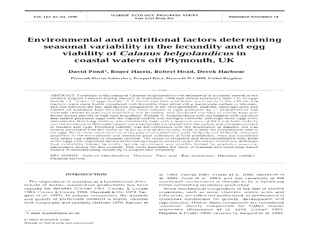 Viability of Calan Us Helgolandicus in Coastal Waters Off Plymouth, UK