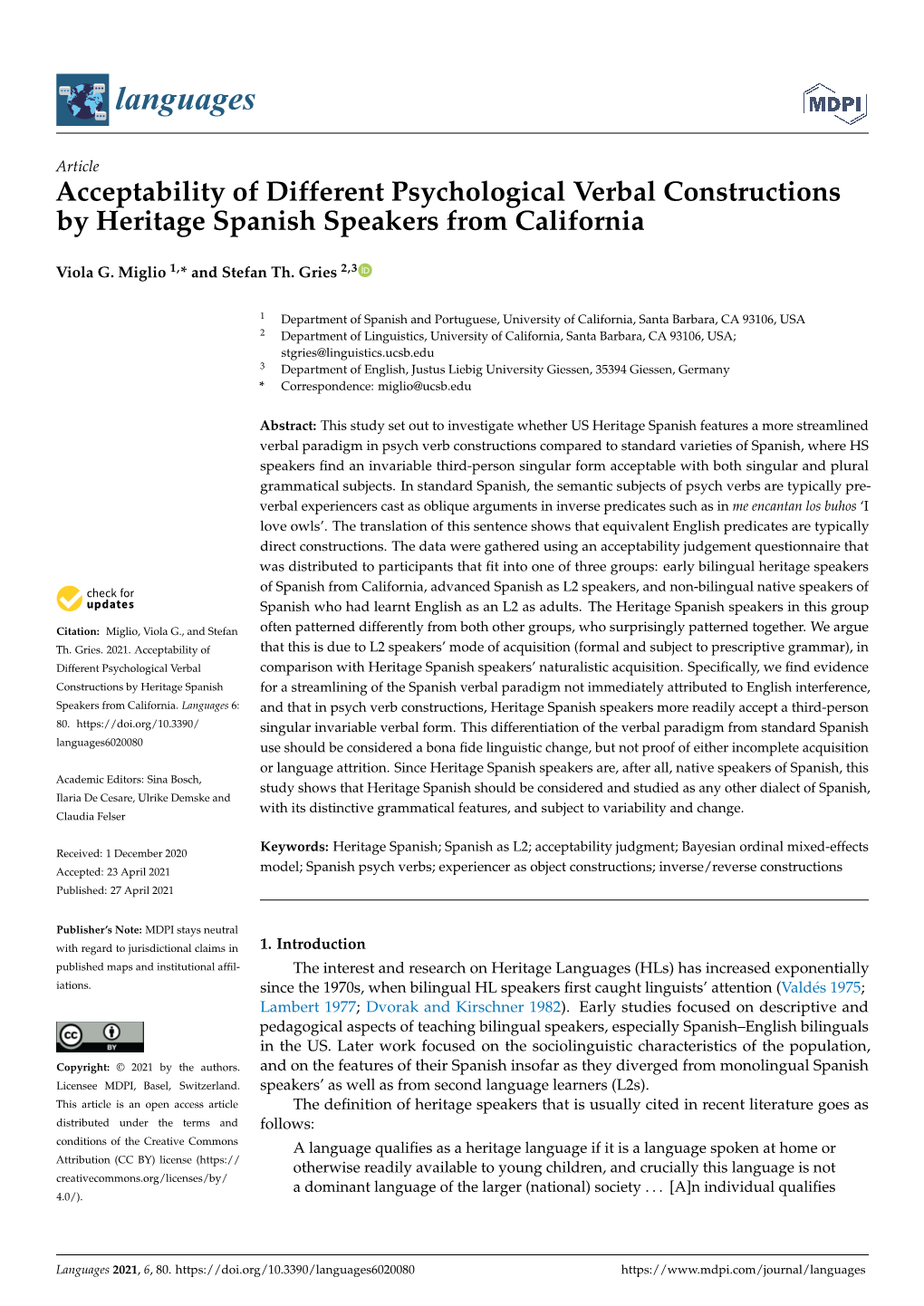 Acceptability of Different Psychological Verbal Constructions by Heritage Spanish Speakers from California