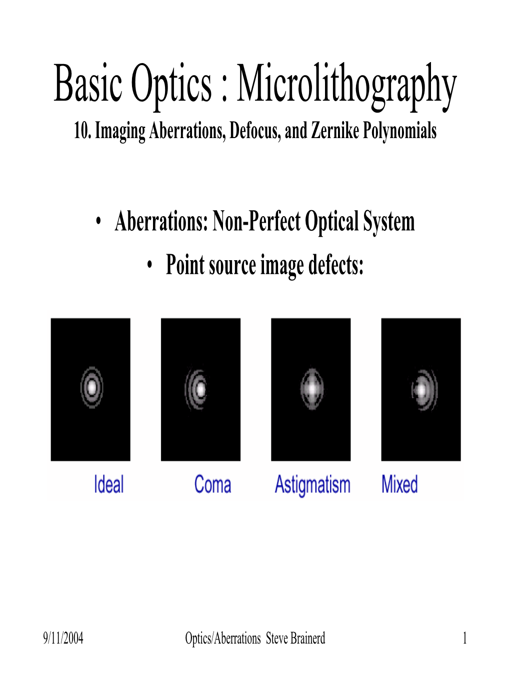 Basic Optics : Microlithography 10. Imaging Aberrations, Defocus, and Zernike Polynomials