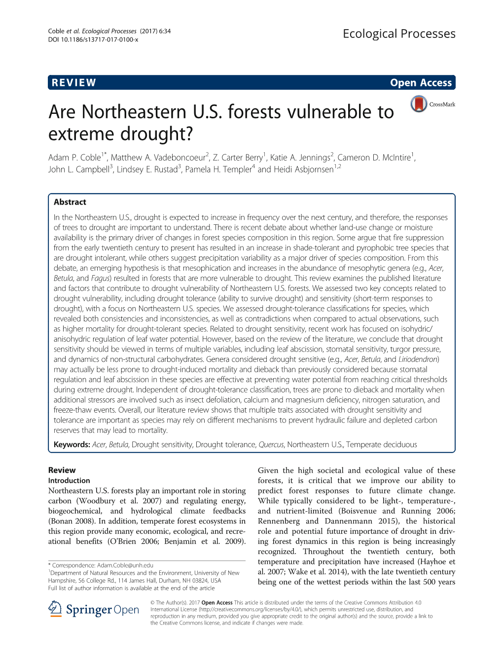 Are Northeastern U.S. Forests Vulnerable to Extreme Drought? Adam P