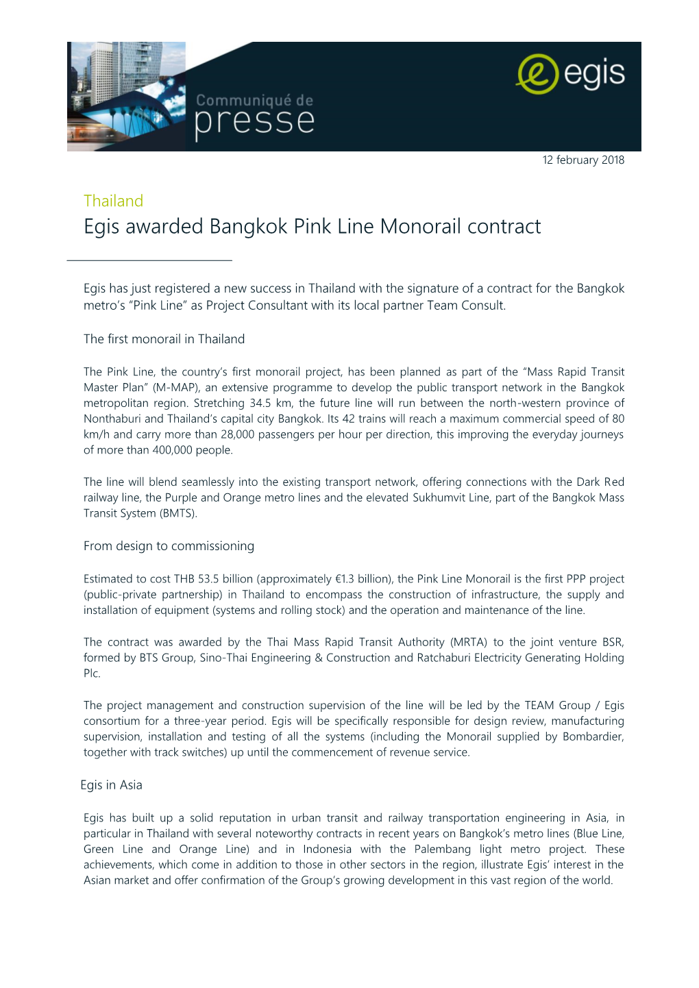 Egis Awarded Bangkok Pink Line Monorail Contract