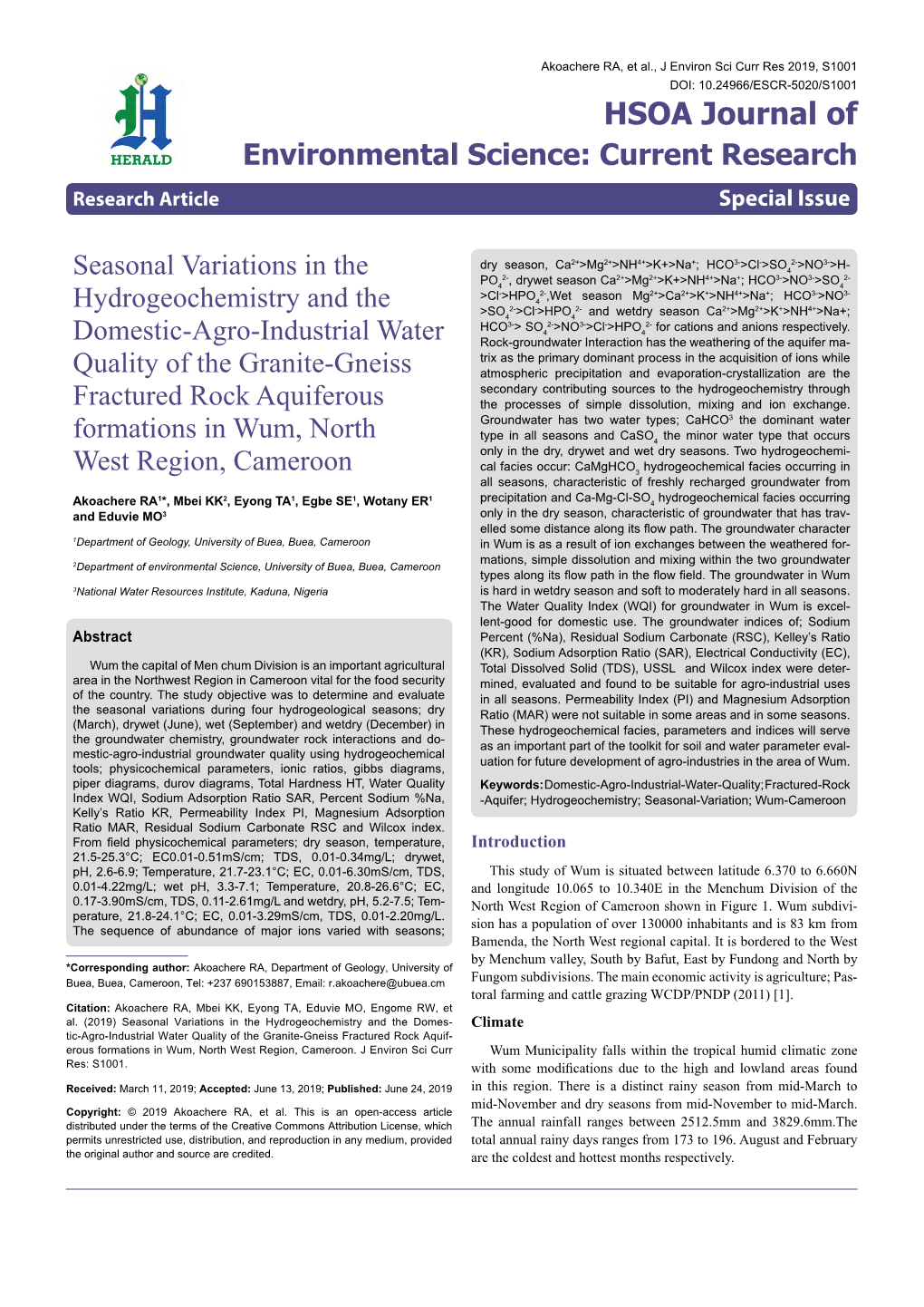 HSOA Journal of Environmental Science: Current Research Research Article Special Issue