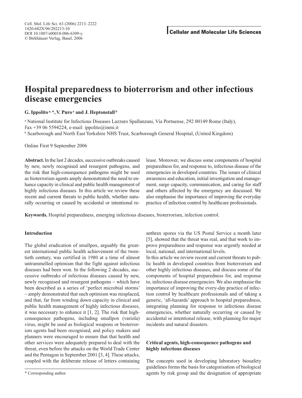 Hospital Preparedness to Bioterrorism and Other Infectious Disease Emergencies