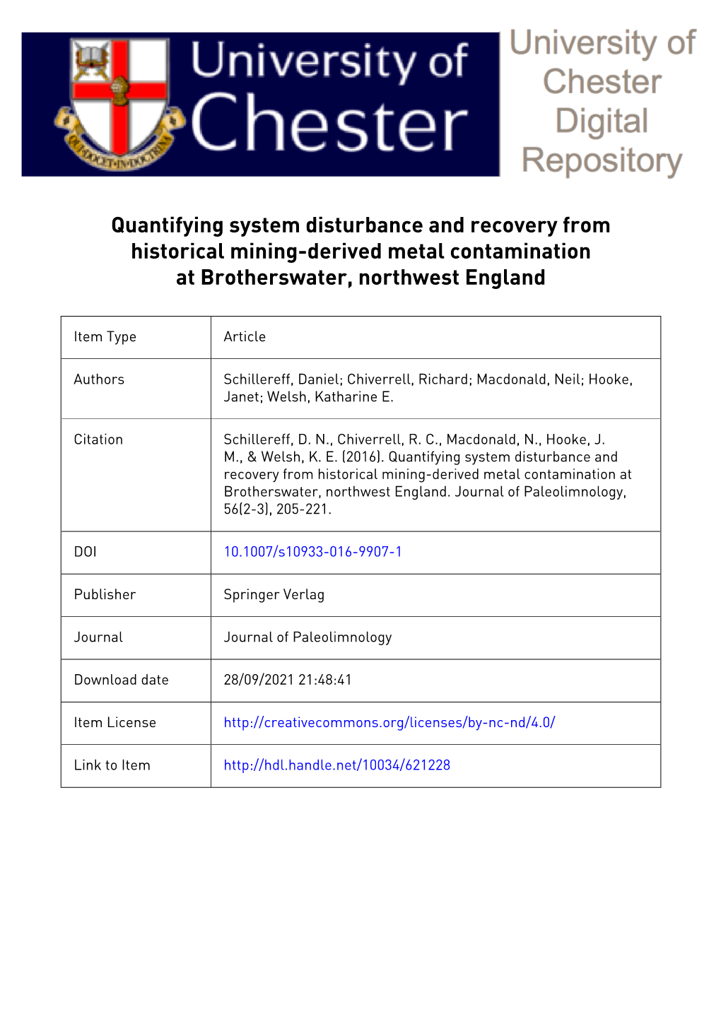 Quantifying System Disturbance and Recovery from Historical Mining-Derived Metal Contamination at Brotherswater, Northwest England