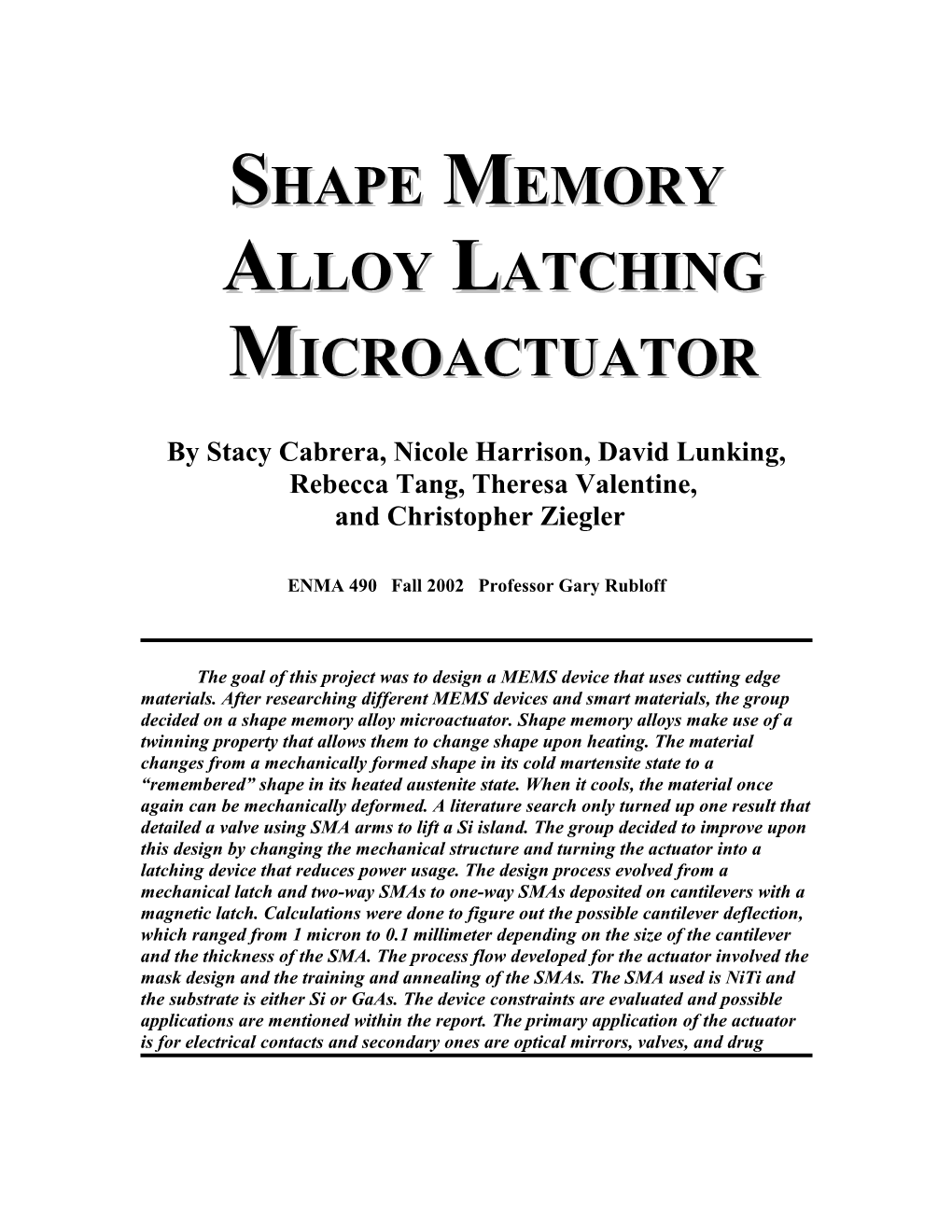 Shape Memory Alloy Latching Microactuator