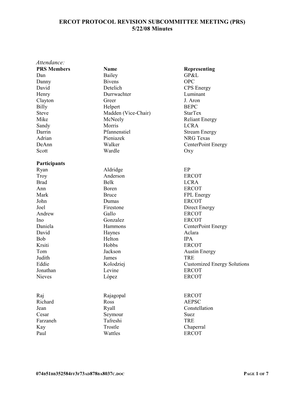 Ercot Protocol Revision Subcommittee Meeting (Prs)