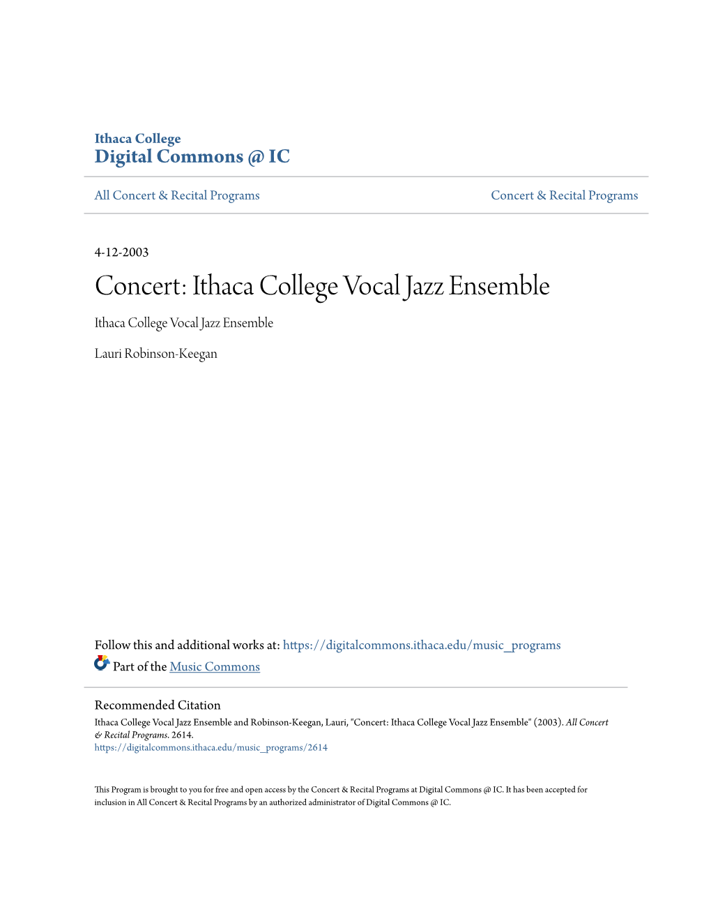 Concert: Ithaca College Vocal Jazz Ensemble Ithaca College Vocal Jazz Ensemble