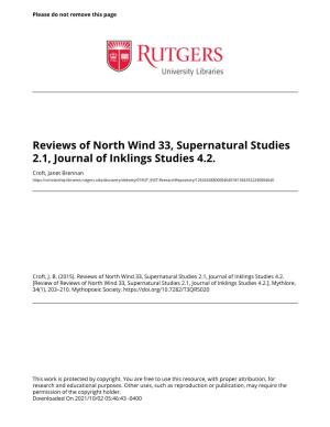 Reviews of North Wind 33, Supernatural Studies 2.1, Journal of Inklings Studies 4.2
