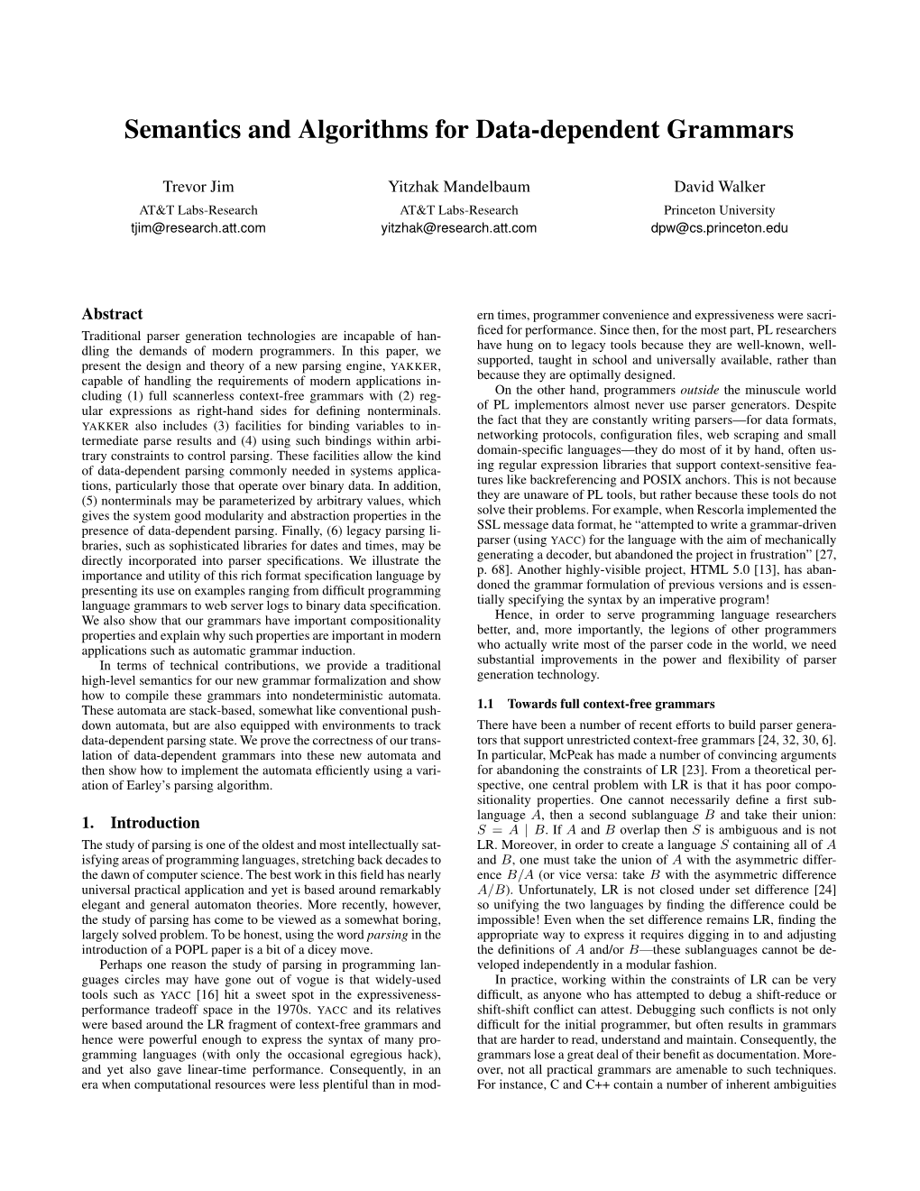 Semantics and Algorithms for Data-Dependent Grammars