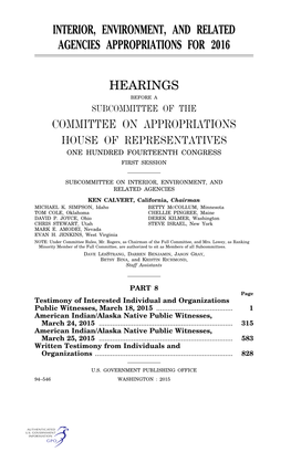 Interior, Environment, and Related Agencies Appropriations for 2016