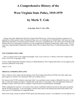 A Comprehensive History of the West Virginia State Police, 1919-1979 By