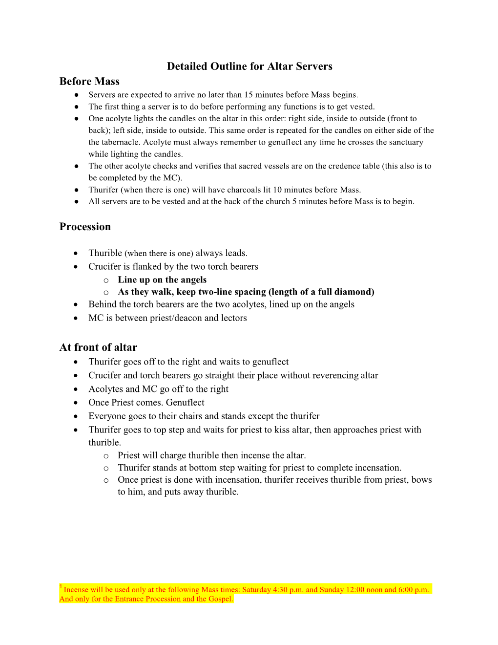 Detailed Outline for Altar Servers Before Mass Procession at Front Of