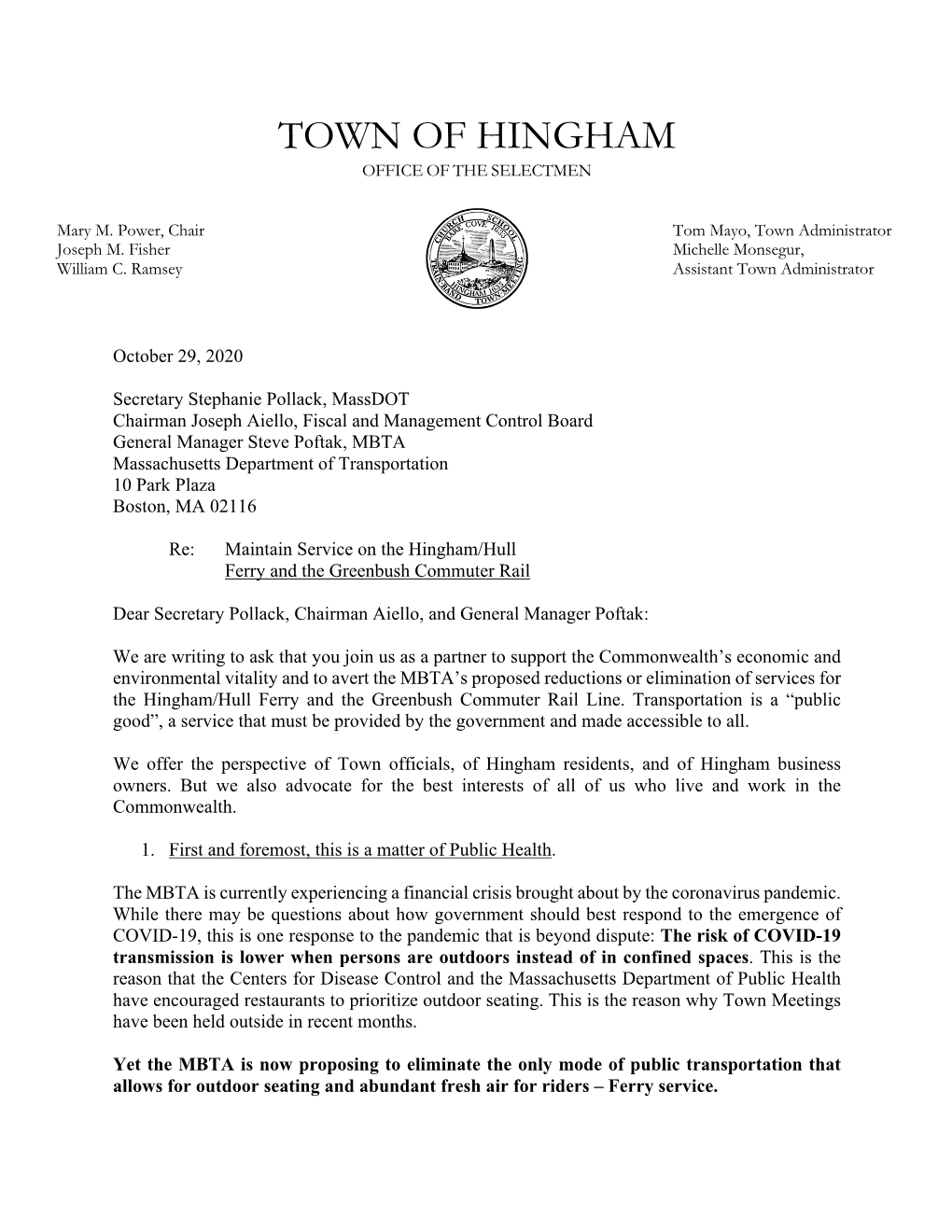 Hingham Letter to MBTA 10-29-2020