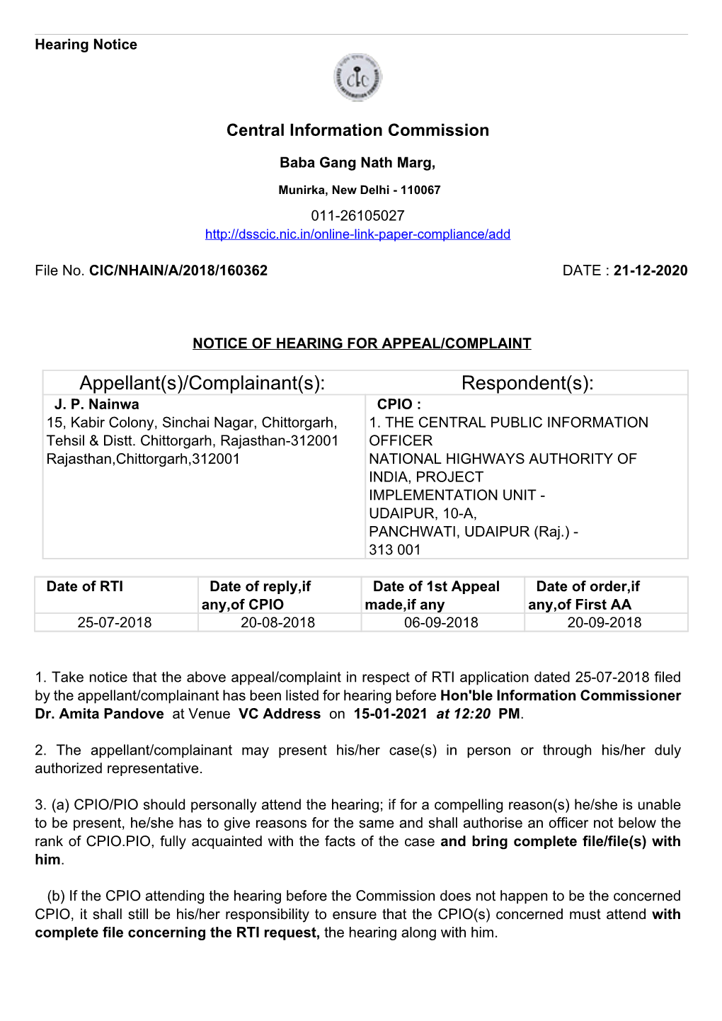 Appellant(S)/Complainant(S): Respondent(S): J