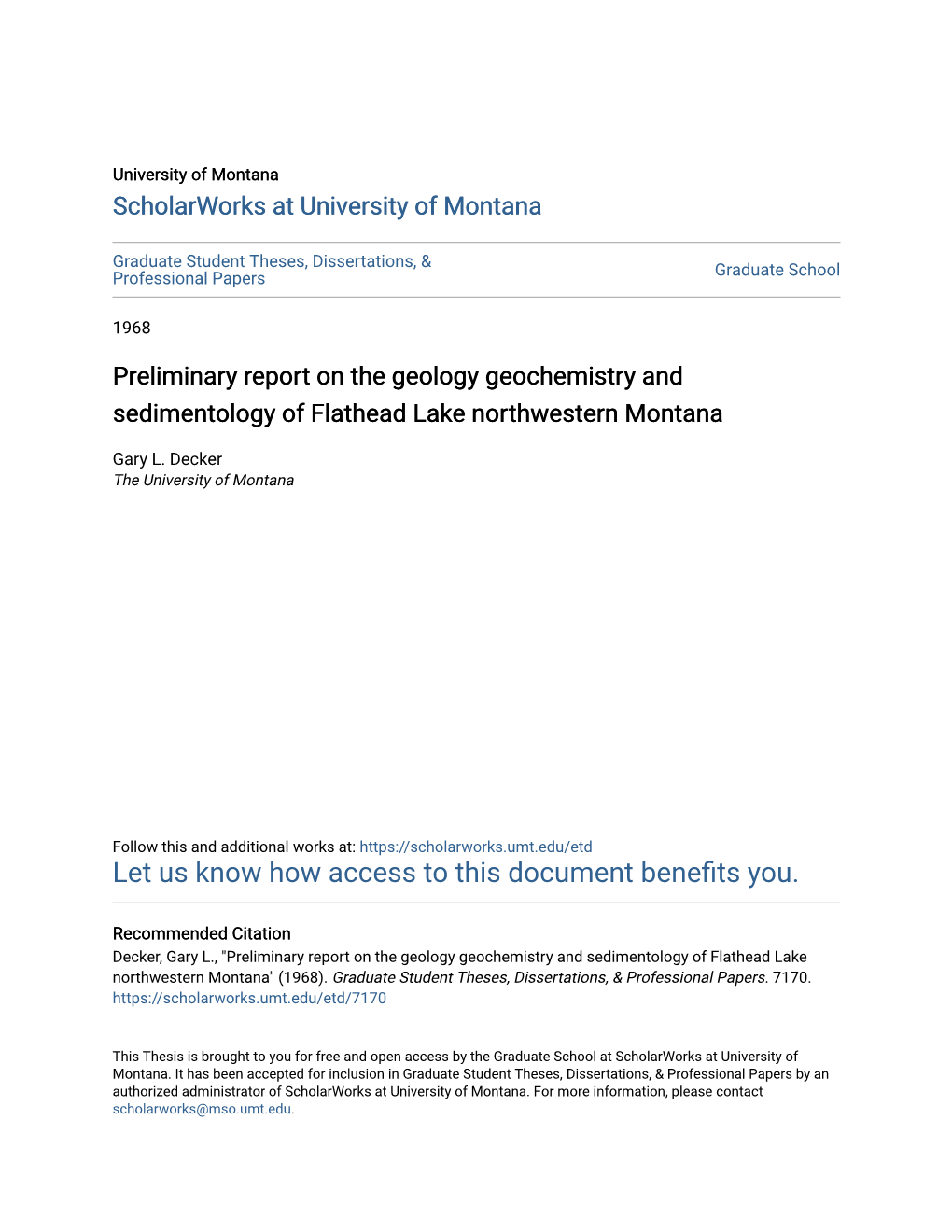 Preliminary Report on the Geology Geochemistry and Sedimentology of Flathead Lake Northwestern Montana