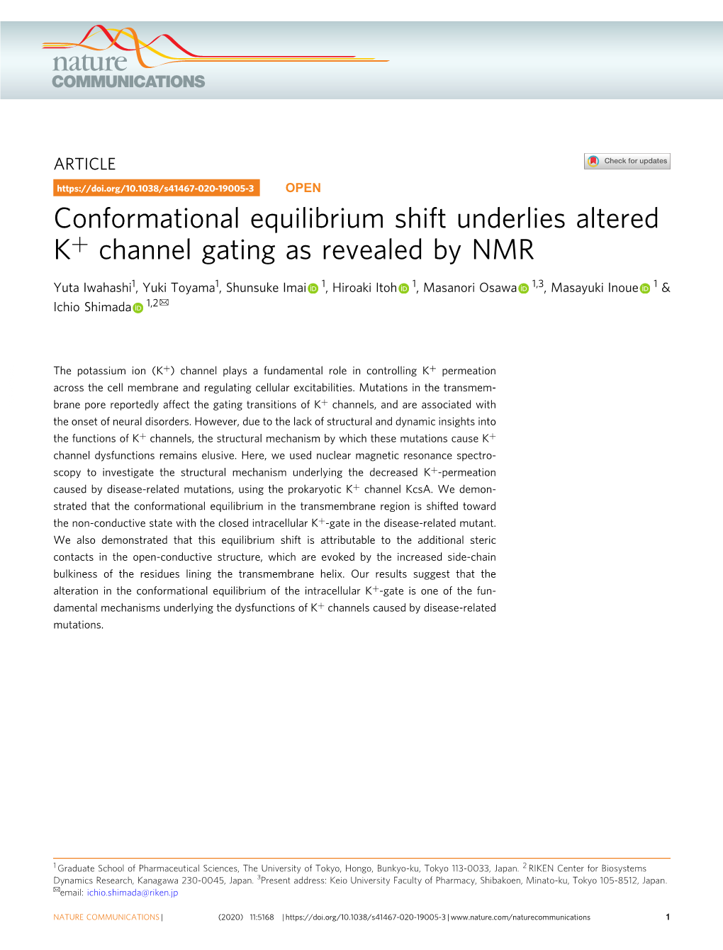 Conformational Equilibrium Shift Underlies Altered K+ Channel Gating As Revealed by NMR