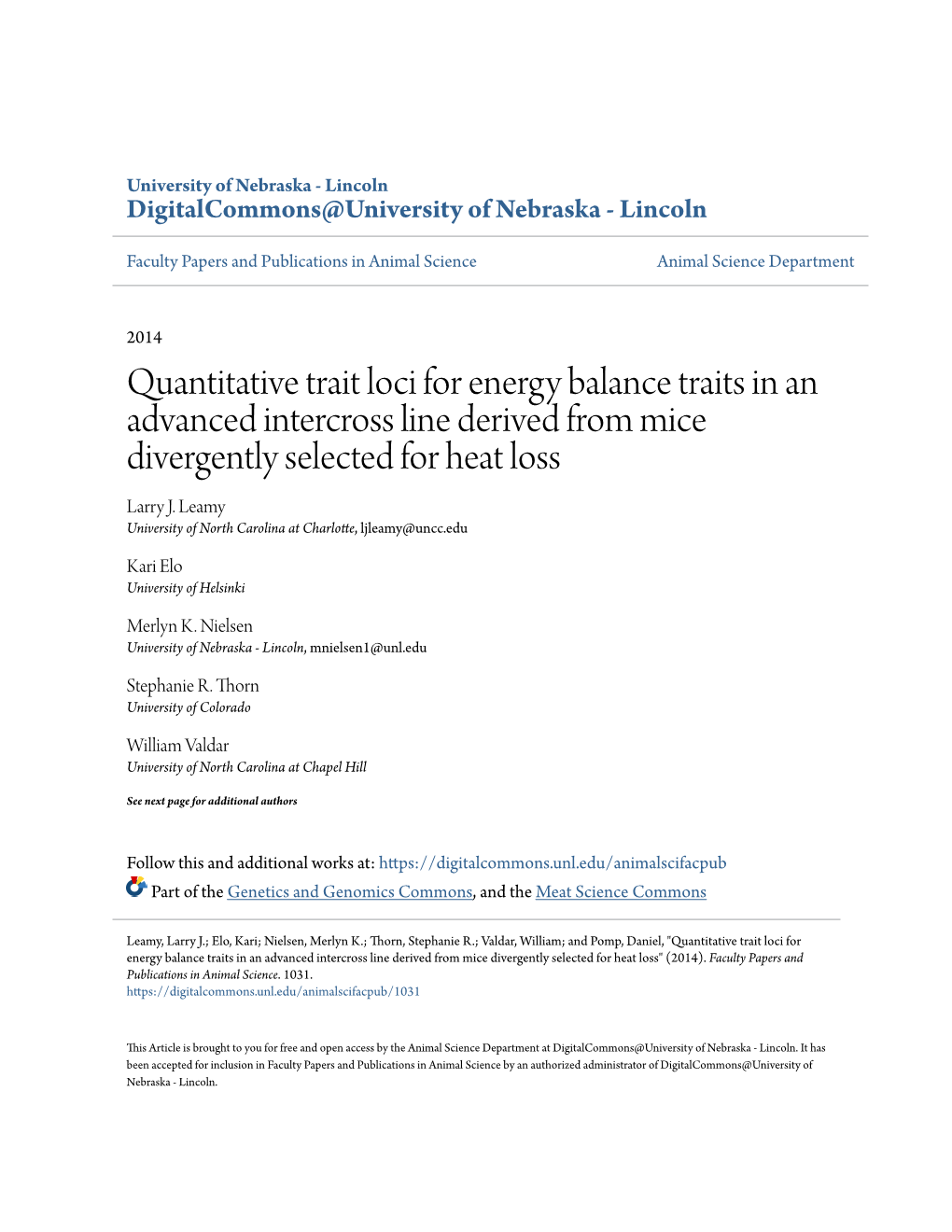 Quantitative Trait Loci for Energy Balance Traits in an Advanced Intercross Line Derived from Mice Divergently Selected for Heat Loss Larry J
