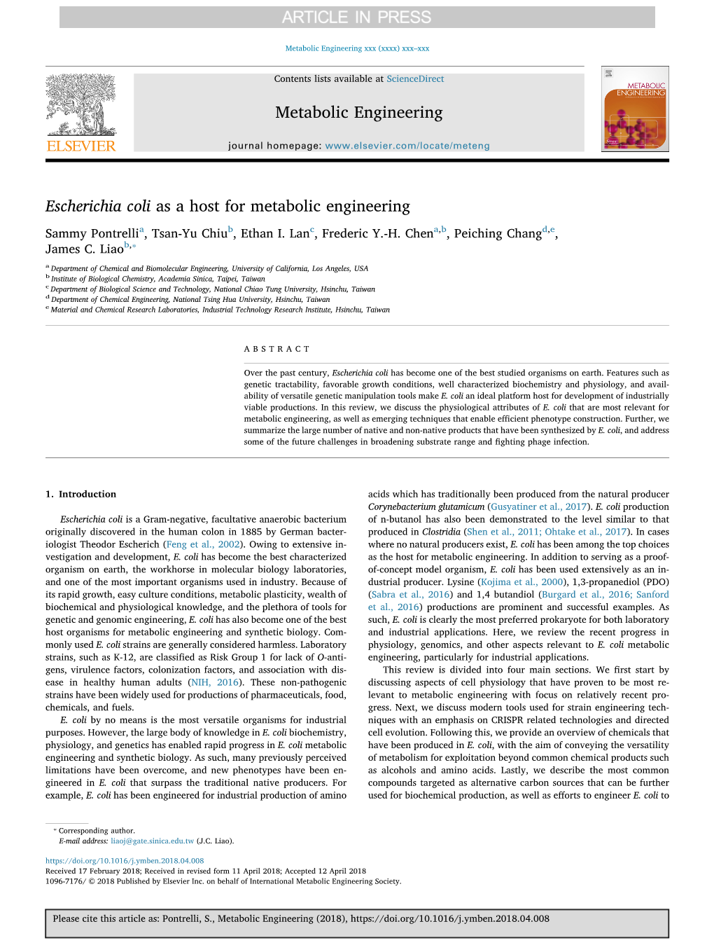 Escherichia Coli As a Host for Metabolic Engineering