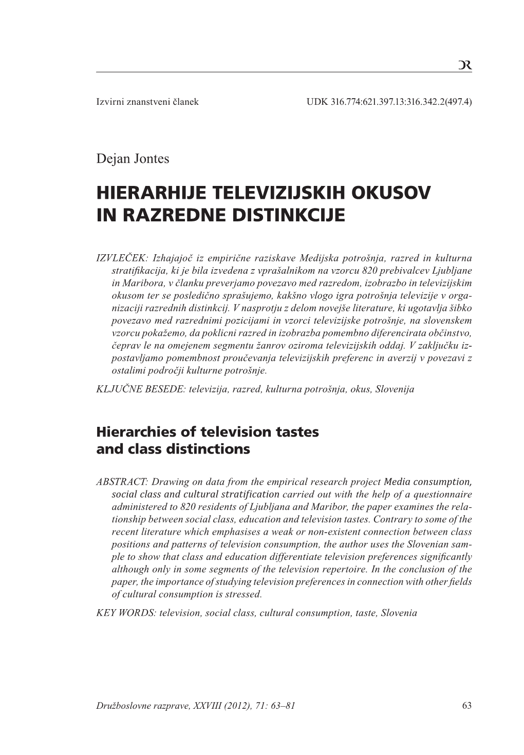 Hierarhije Televizijskih Okusov in Razredne Distinkcije