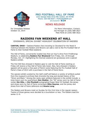 Raiders Fan Weekend at Hall Giveaways, Special Exhibit Highlight Celebration of Raiders
