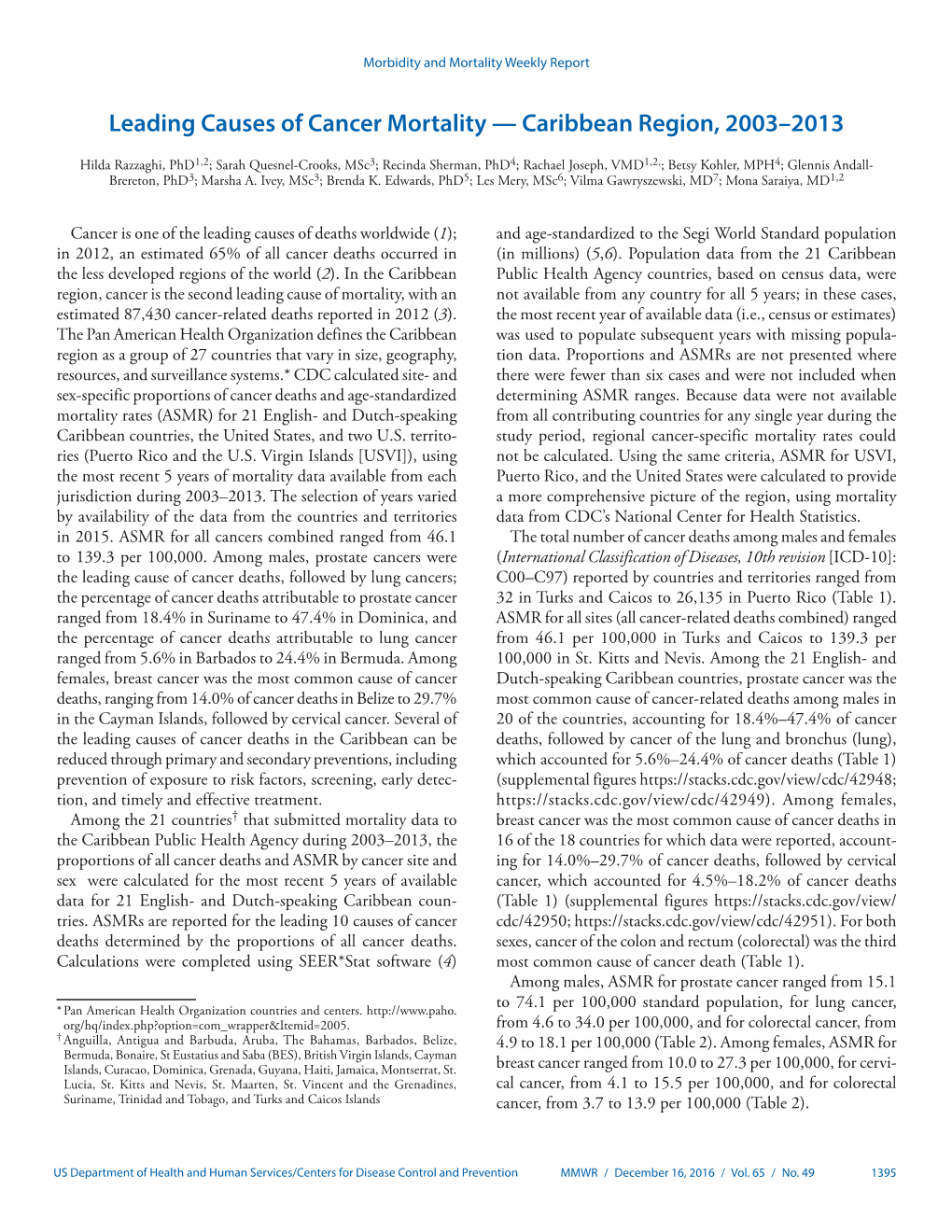 Leading Causes of Cancer Mortality — Caribbean Region, 2003–2013