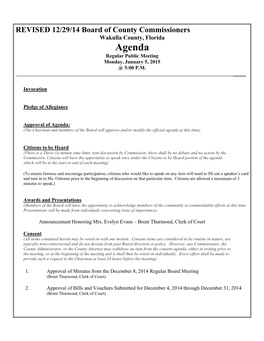 Agenda Regular Public Meeting Monday, January 5, 2015 @ 5:00 P.M