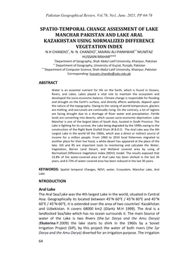 Spatio-Temporal Change Assessment of Lake Manchar Pakistan and Lake Aral Kazakhstan Using Normalized Difference Vegetation Index N.H Chandio*, N
