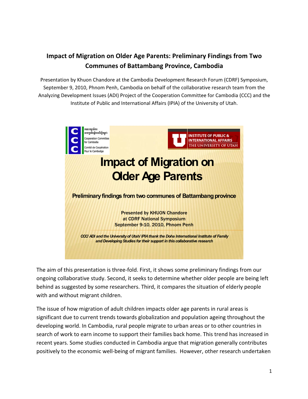 Impact of Migration on Older Age Parents: Preliminary Findings from Two Communes of Battambang Province, Cambodia