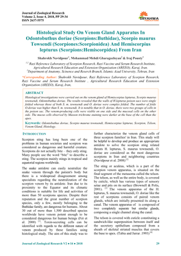 Histological Study on Venom Gland Apparatus in Odontobuthus Doriae (Scorpions:Buthidae), Scorpio Maurus Towsendi (Scorpiones:Sco